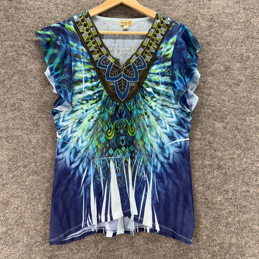 One World Blouse Women M Medium Blue Geometric V-Neck Short Sleeve Casual